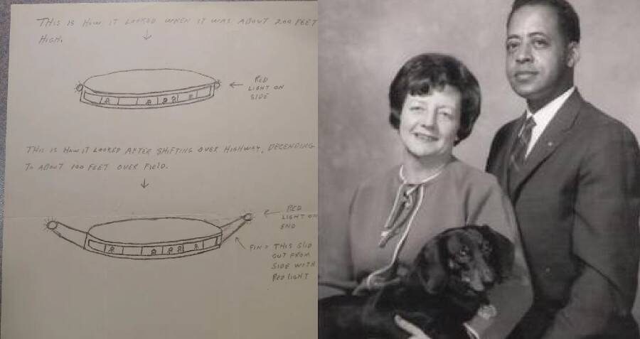 Betty y Barney Hill, a la izquierda ilustración del OVNI dibujado por Betty Hill